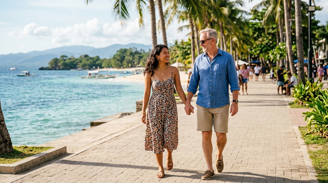 Mature Western gentleman holding hands with smiling Filipina woman on tropical Cebu waterfront promenade date