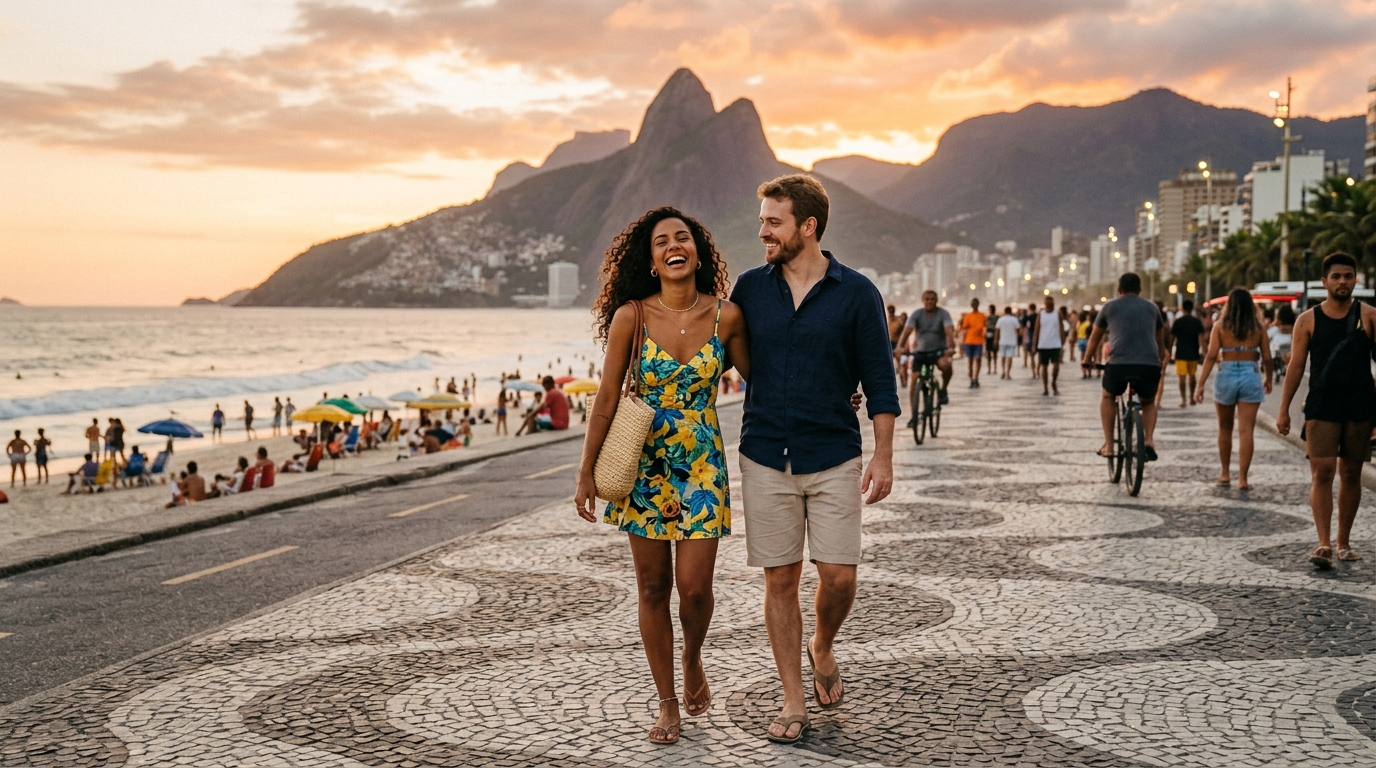 Brazilian woman laughing with her partner on the Ipanema beach boardwalk in Rio de Janeiro at golden hour