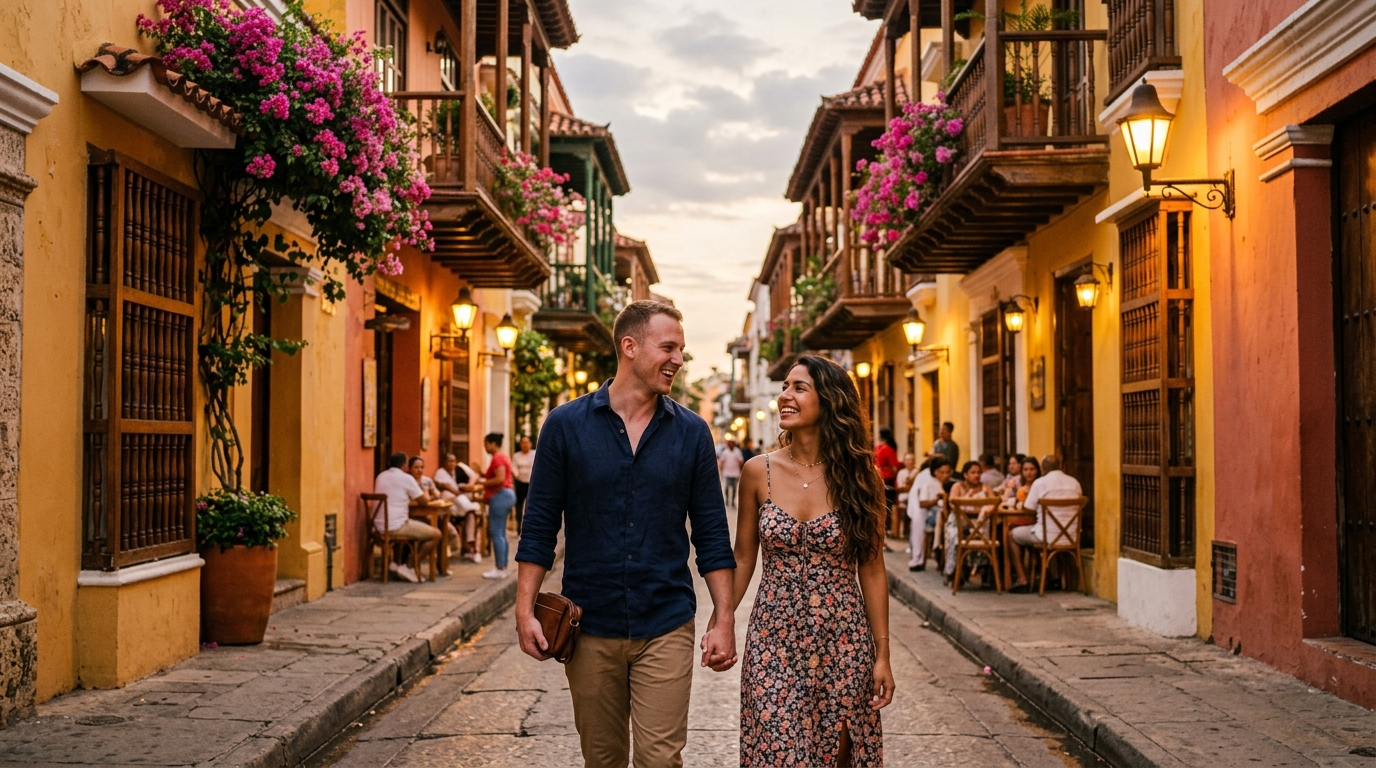 Romantic evening date in colonial Cartagena Colombia