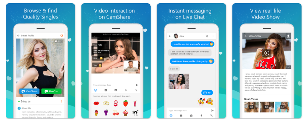 CharmDate official Google Play Store mobile dating app interface showing Slavic quality singles, CamShare video interaction, Live Chat instant messaging, and Video Show