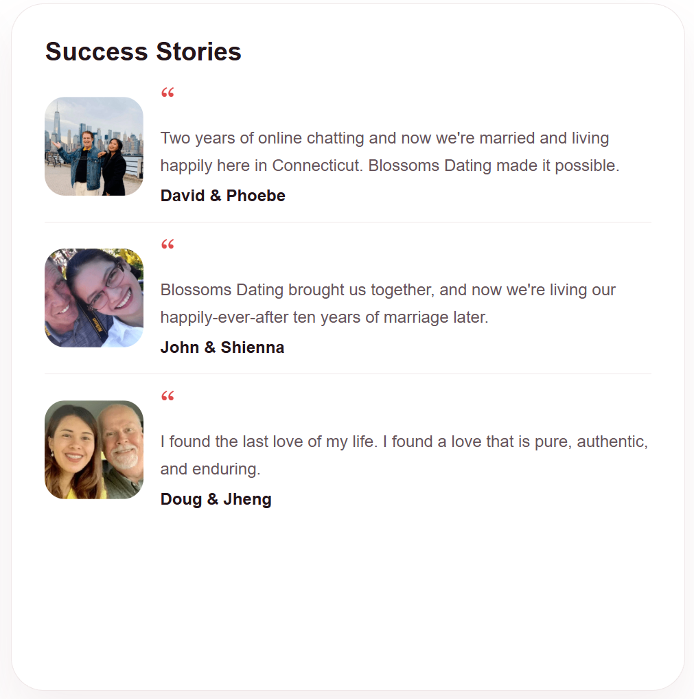 Cherry Blossoms Dating Verified Member Success Stories - David & Phoebe, John & Shienna, Doug & Jheng