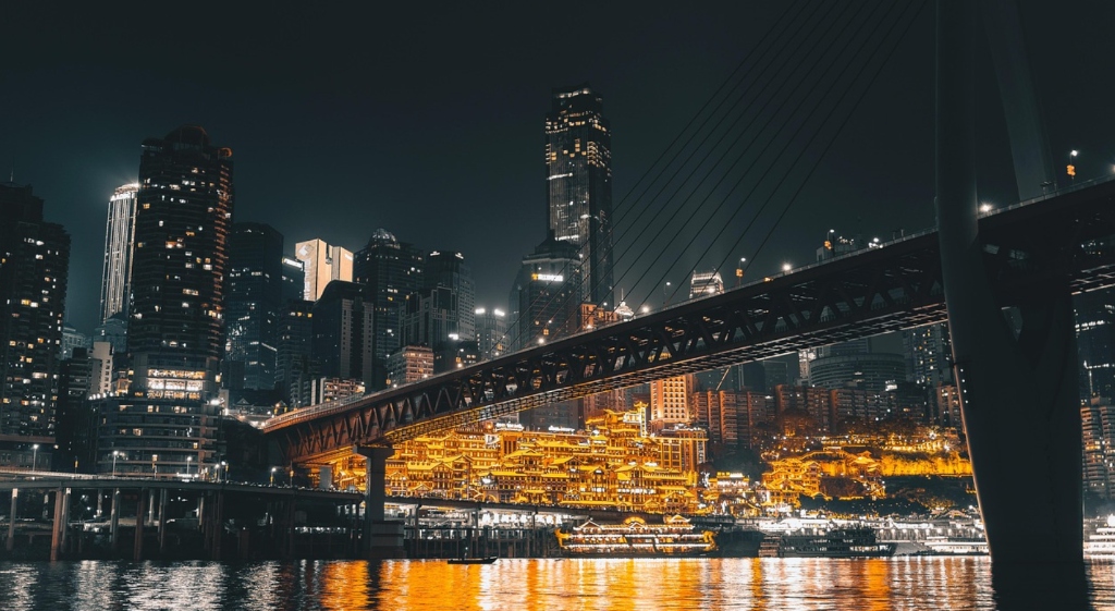 Illuminated Chongqing skyline and iconic Hongyadong across the Yangtze River at night