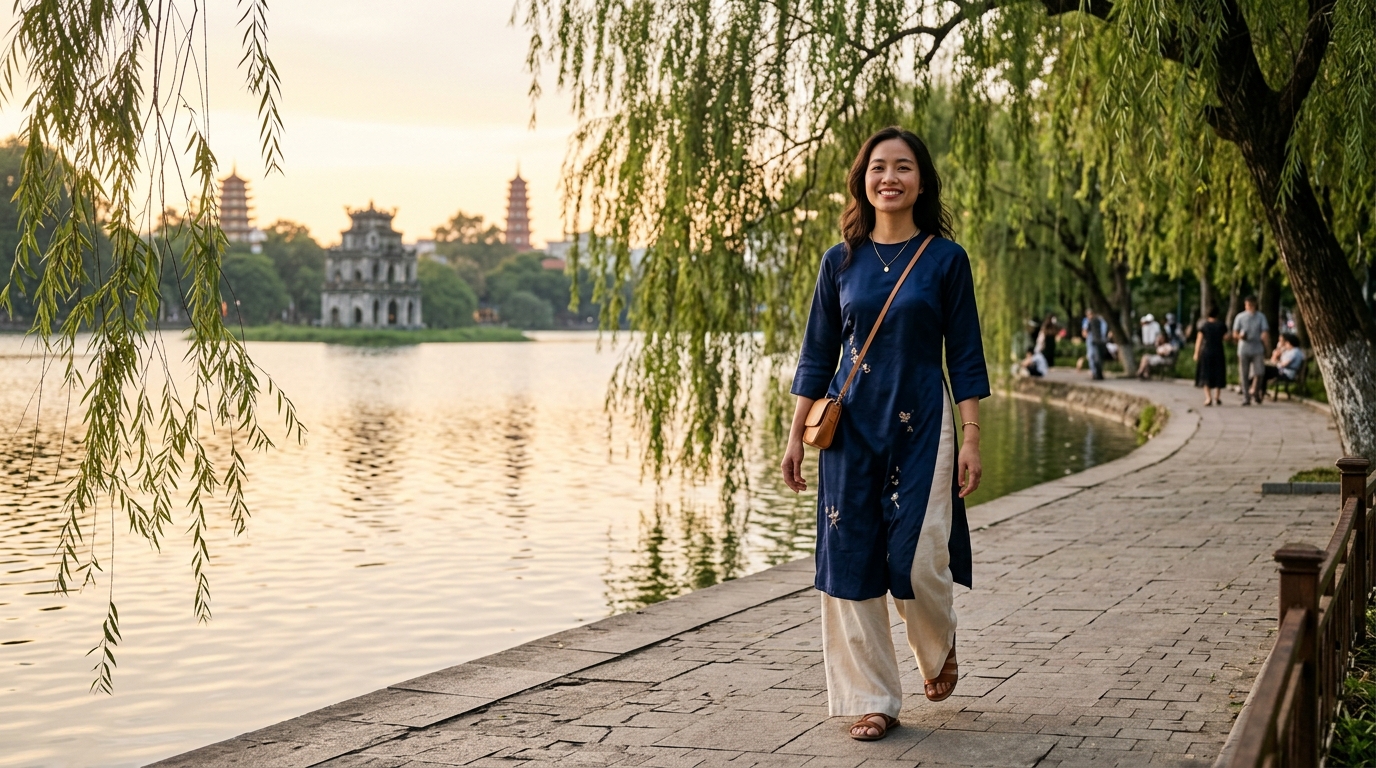 Dating Vietnamese women at Hoan Kiem Lake in Hanoi