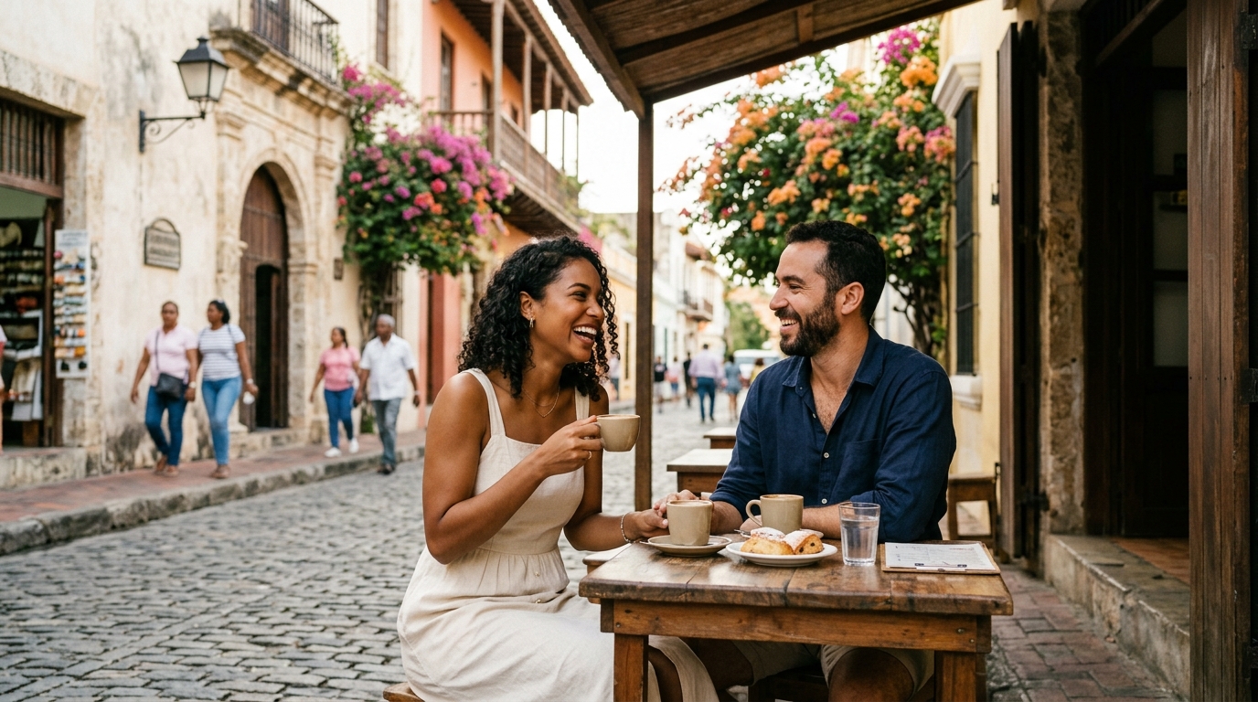 Dominican woman and foreign partner laughing over coffee in historic Zona Colonial Santo Domingo