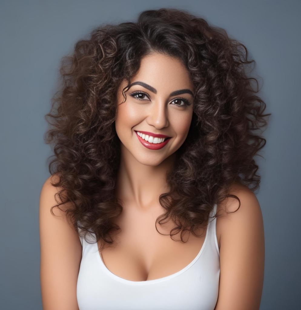 Portrait of a gorgeous Romanian woman with curly hair - natural elegance and Latin-Slavic beauty