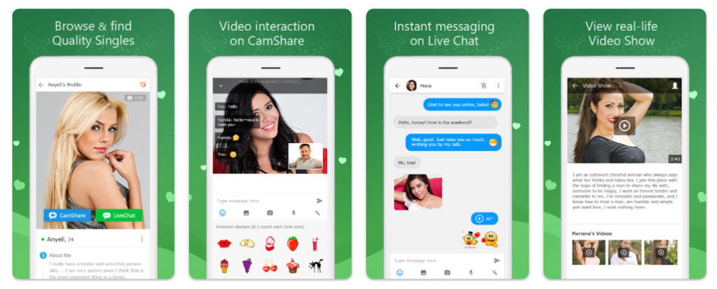 LatamDate official Google Play Store mobile dating app interface showing Latin quality singles, CamShare video interaction, Live Chat instant messaging, and Video Show