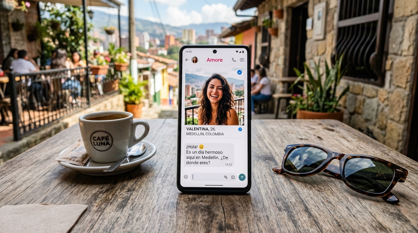 LatinAmericanCupid app review on smartphone on outdoor terrace
