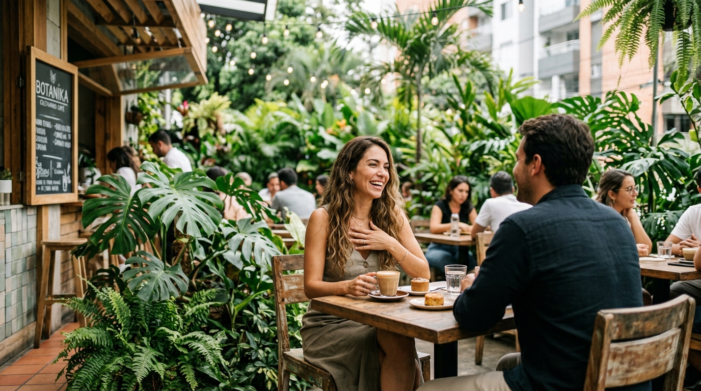 Colombian woman smiling on a daytime coffee date in a lush cafe in El Poblado Medellin
