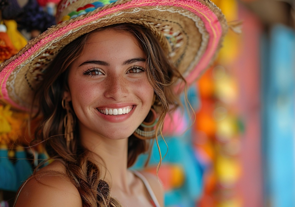 Smiling Mexican woman in straw sombrero hat - approachable and cheerful disposition