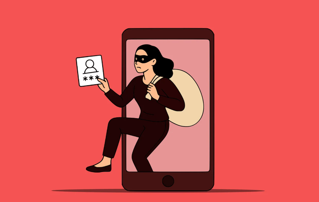 Illustration of digital scammer emerging from smartphone screen stealing personal profile and money