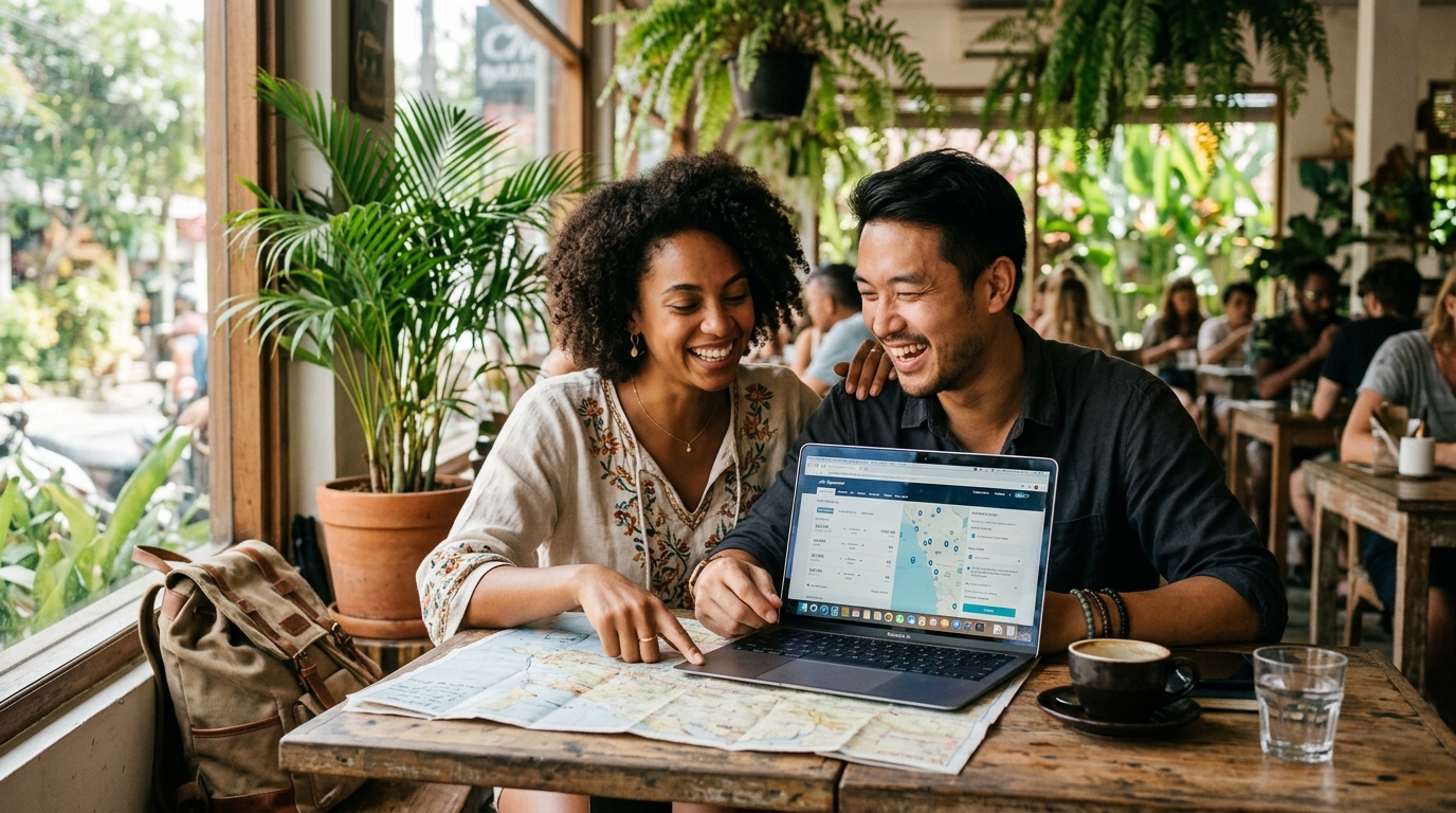 International couple reviewing travel destinations on laptop in a tropical cafe