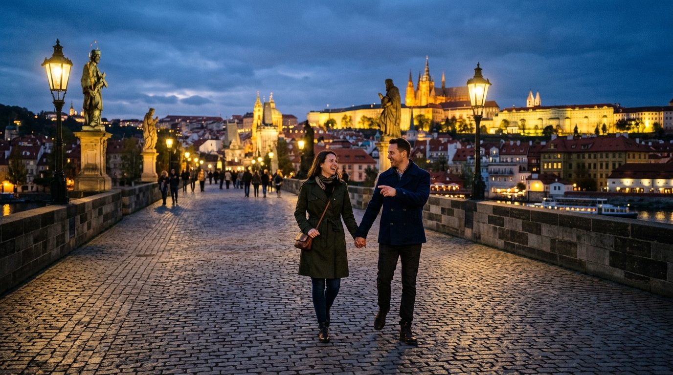 Romantic evening date on Charles Bridge Prague