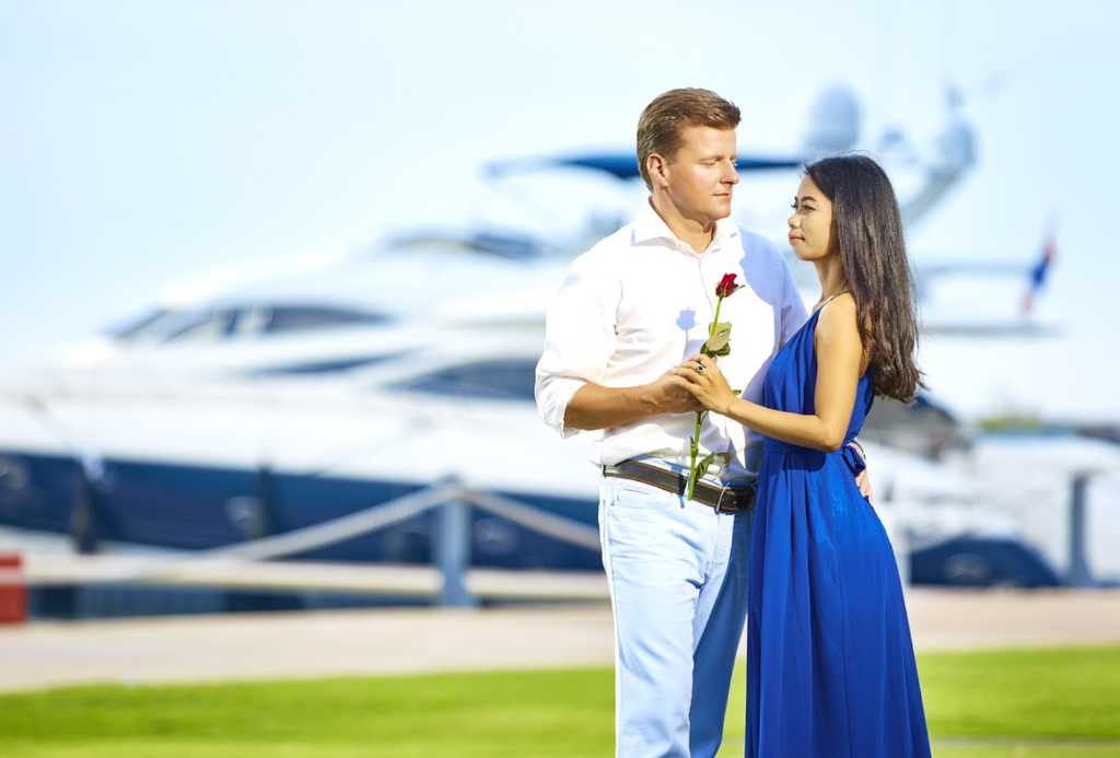 Romantic walk at luxury marina with international couple - European vacation dating
