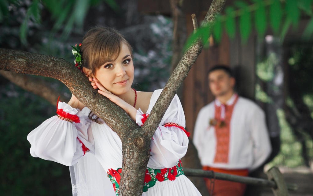 Traditional Slavic courtship in nature showing gentle romantic chivalry and mutual respect