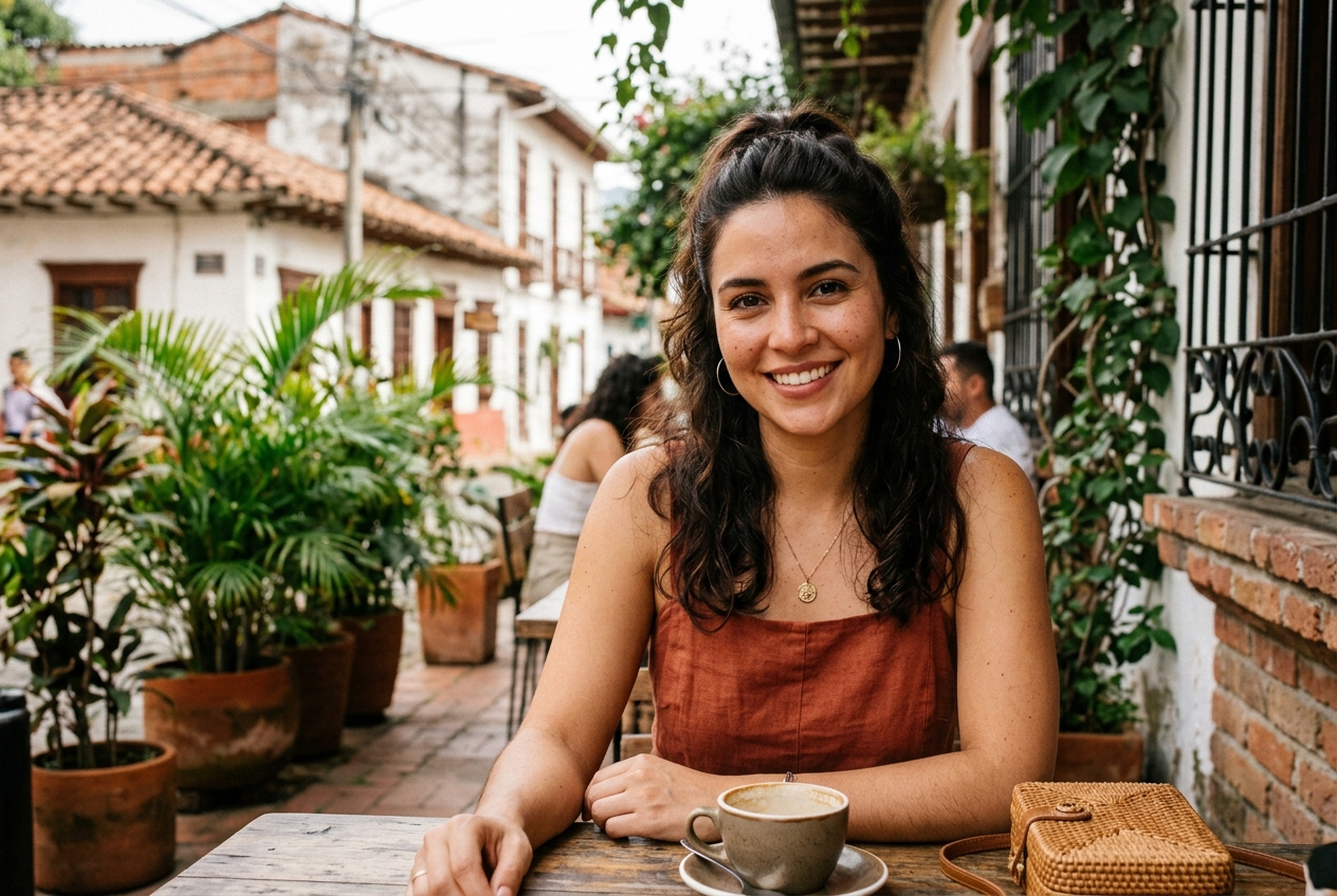 Typical Colombian woman smiling at outdoor cafe in Medellin