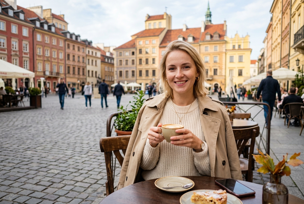 Typical Polish woman smiling at outdoor cafe in Warsaw Old Town