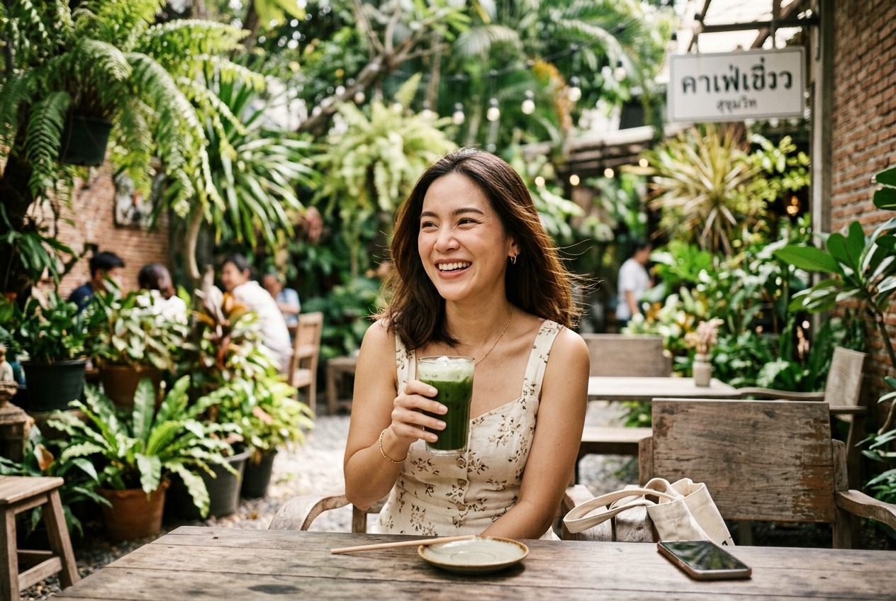 Typical educated Thai woman smiling at outdoor cafe in Bangkok Sukhumvit