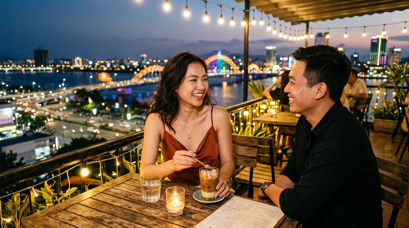 Young Vietnamese woman enjoying iced coffee and conversation on an illuminated rooftop lounge overlooking Da Nang