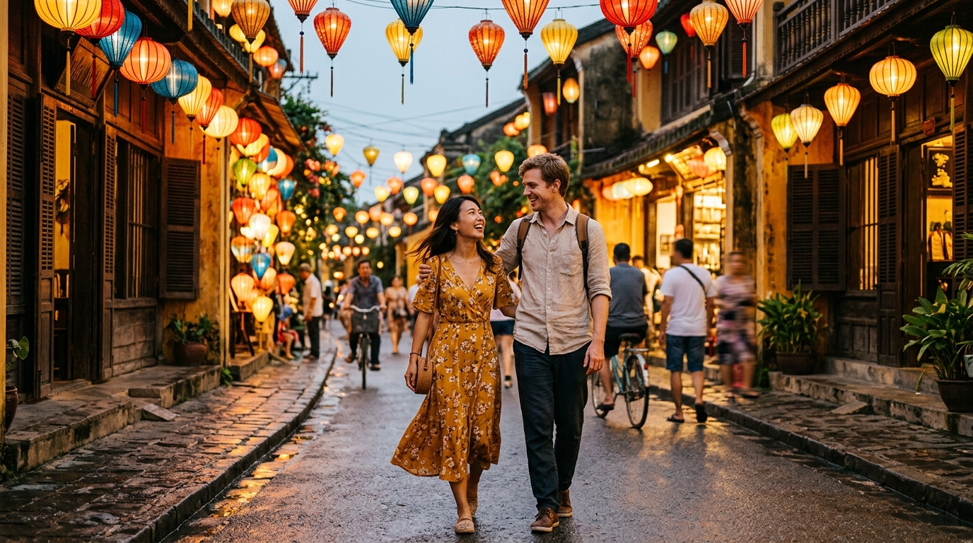 Romantic evening date in lantern-lit Hoi An Vietnam