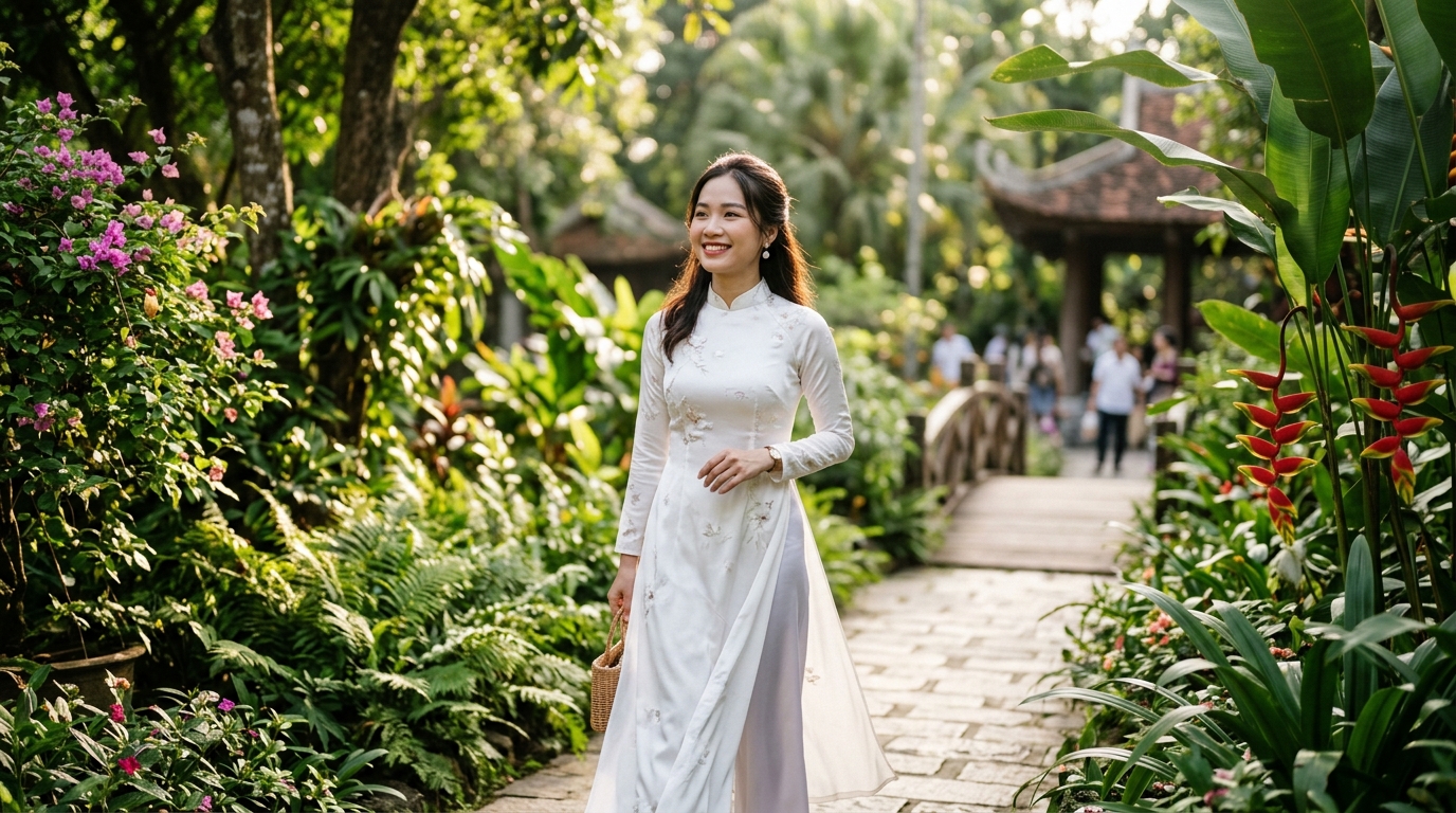 Asian woman in traditional Ao Dai dress demonstrating grace, traditional values and authentic beauty