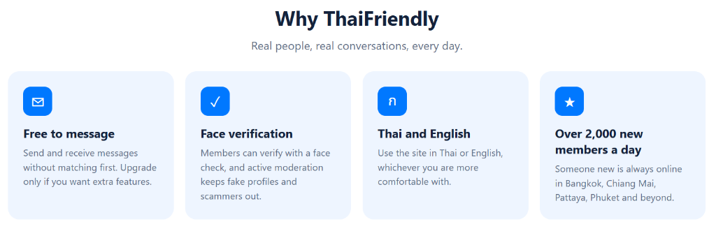 Why ThaiFriendly: Free to message, Face verification, Thai and English language, Over 2,000 new members a day